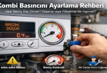 Kombi basıncı ayarlama ekranı, 1.5 bar manometre göstergesi ve su basma vanası detayı