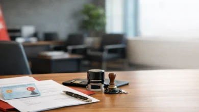 Noter ofisinde masa üzerinde kimlik kartı ve resmi evraklarla noter randevusu alma sürecini temsil eden sahne