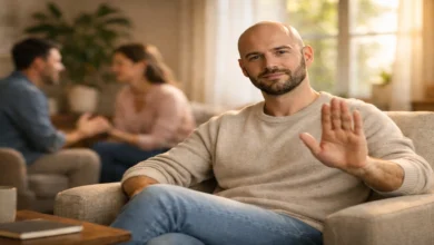 Sağlıklı sınır koymayı temsil eden, sakin ve özgüvenli bir erkeğin elini nazikçe dur işareti yaparak kaldırdığı sahne