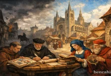 Orta Çağ şehrinde bilim insanları ve keşişlerin el yazmaları üzerinde çalıştığı sahne, arka planda katedral ve orta çağ pazarı