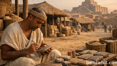 Uruk şehrinde tapınak deposu önünde kil tablet üzerine çivi yazısı kaydı tutan Sümer kâtibi